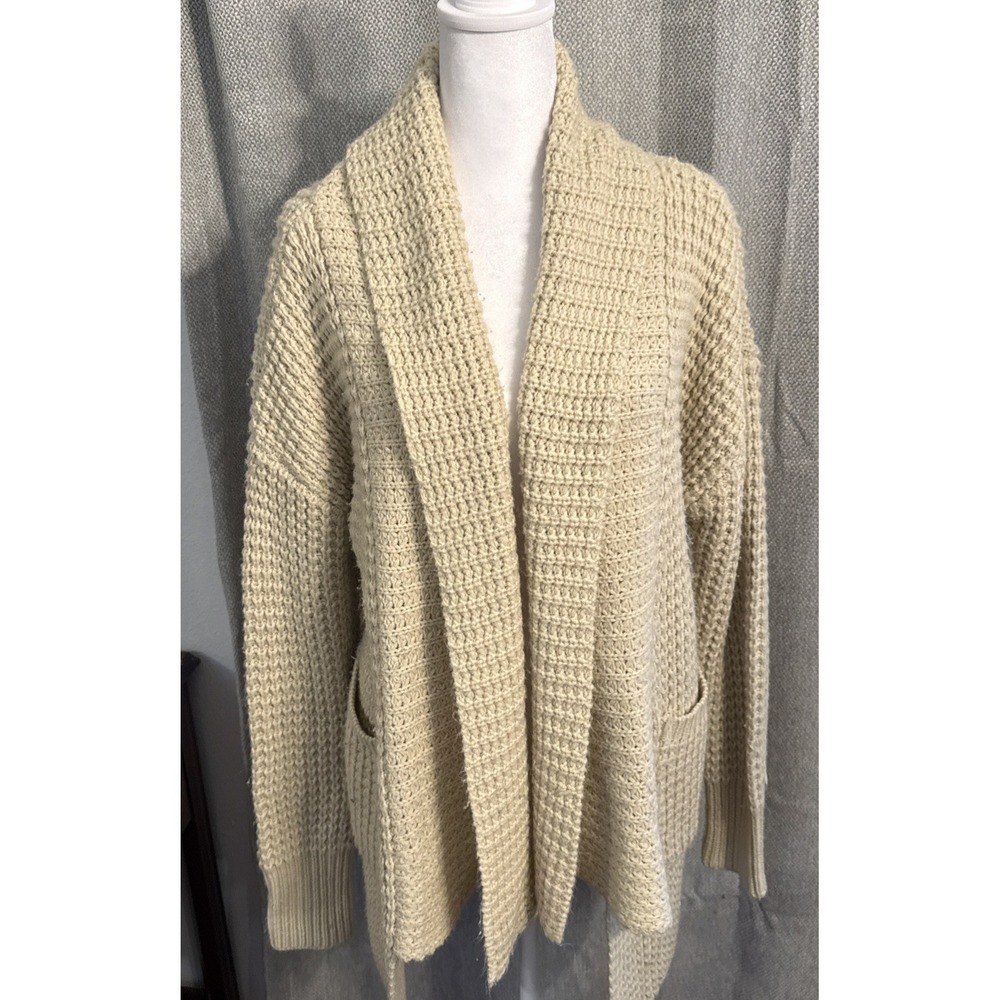 POL Women's Cardigan  Ivory Open Front Waffle Knit Sweater Jacket Sz Small